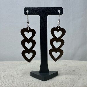 Elegant Triple Heart Drop Down Brown Gold Leather Earrings